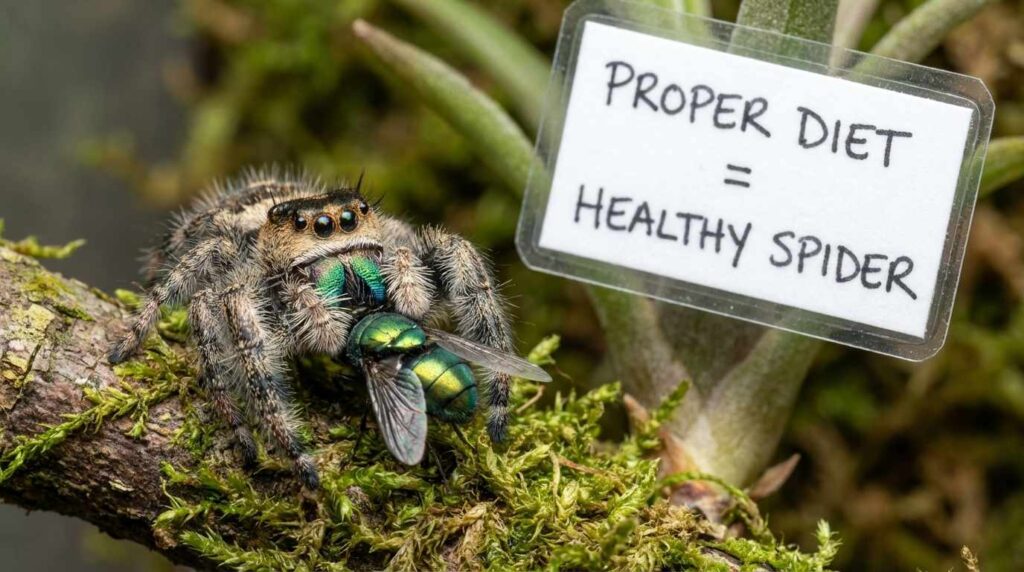 A Phidippus regius capturing a Green Bottle Fly. A proper diet is key to a healthy jumping spider