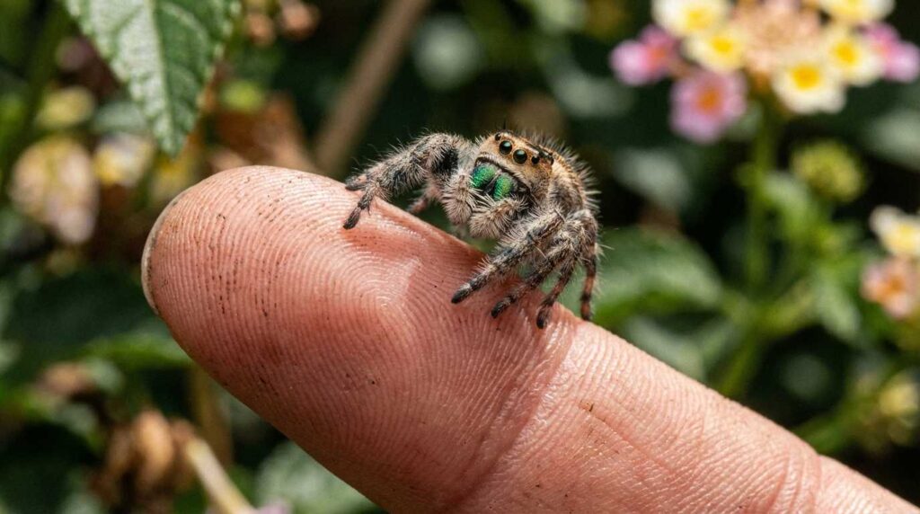 A close-up of a jumping spider resting on a person's fingertip with a blurred natural background.