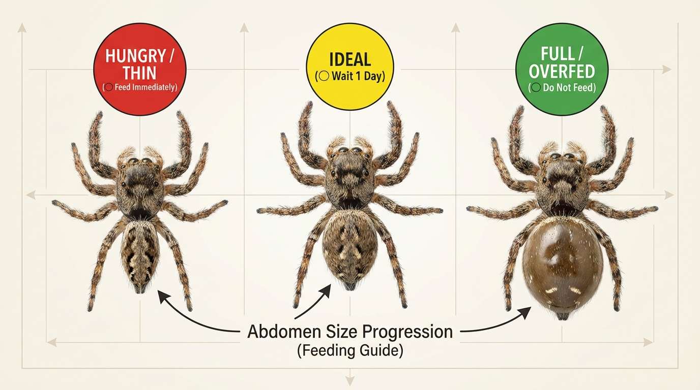 Visual feeding guide diagram showing different abdomen sizes to help owners determine when and what do jumping spiders eat.