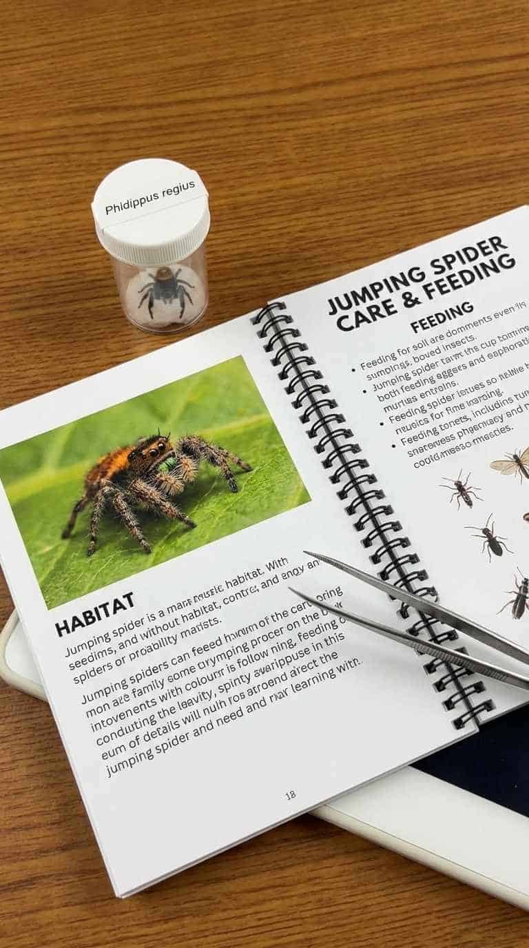 A guidebook on jumping spider care and feeding, featuring a spider and feeding tools.