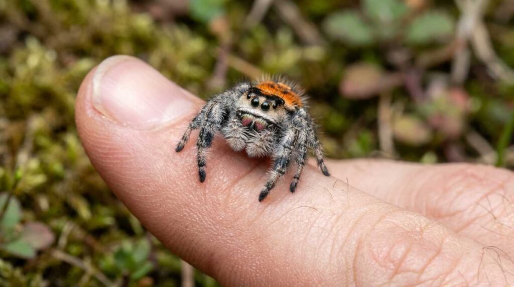 Close-up view of a regal jumping spider (Phidippus regius) on green moss, showing the type of species suitable for a jumping spider habitat setup