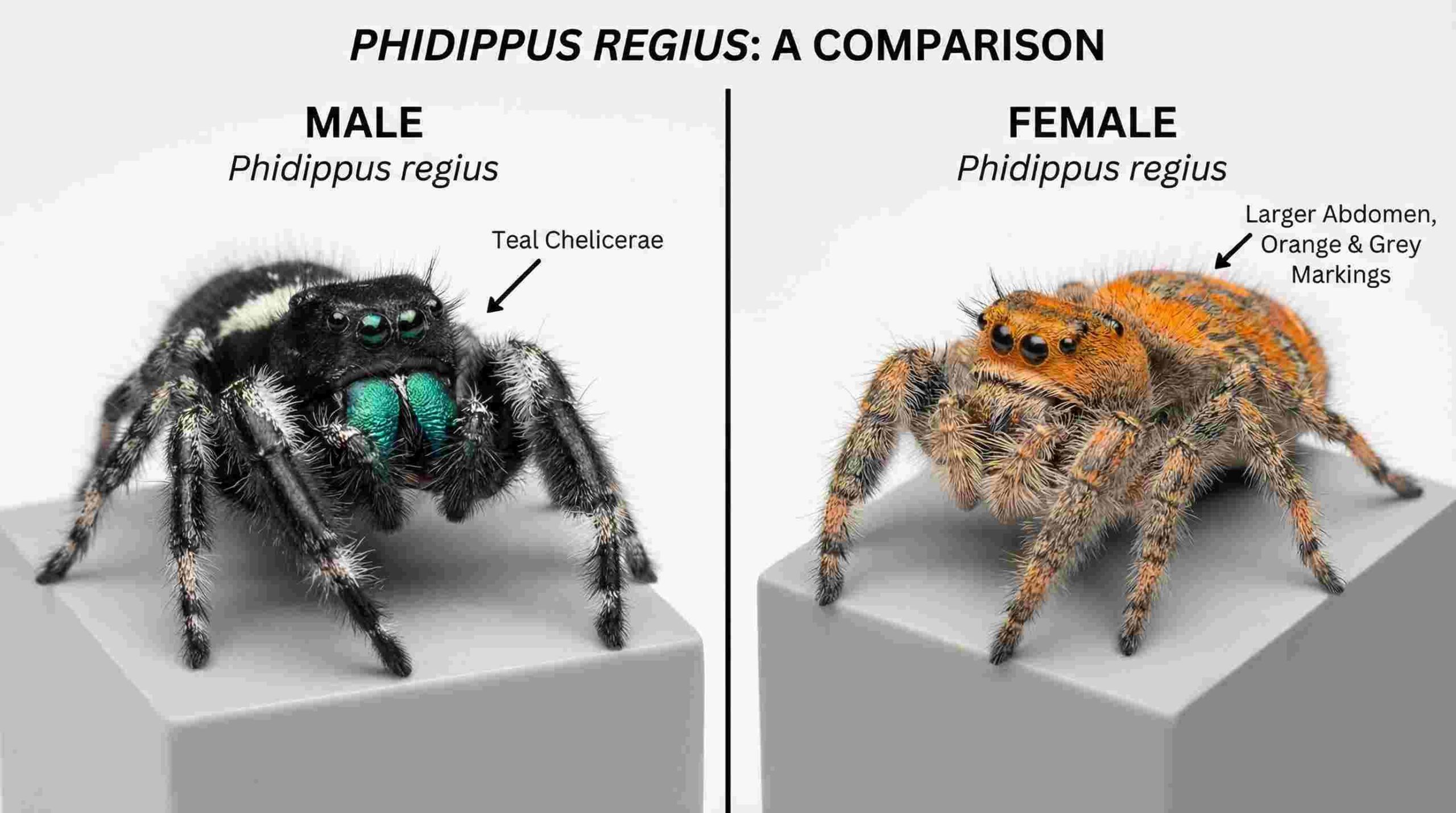 A split-screen comparison educational image. Left side: A male Phidippus regius spider, black and white, distinctive teal chelicerae. Right side: A female Phidippus regius, slightly larger, orange and grey color. White background, clean studio lighting, high detail close-up