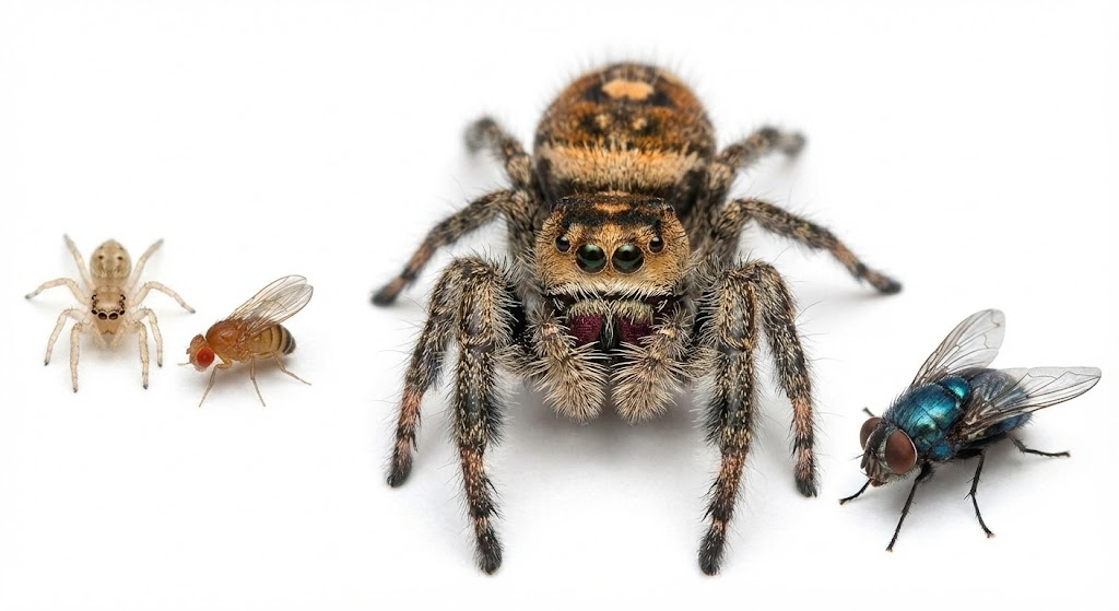 Jumping spider eating a fly - What do jumping spiders eat guide
An image showing a jumping spider alongside small flies, illustrating its diet.