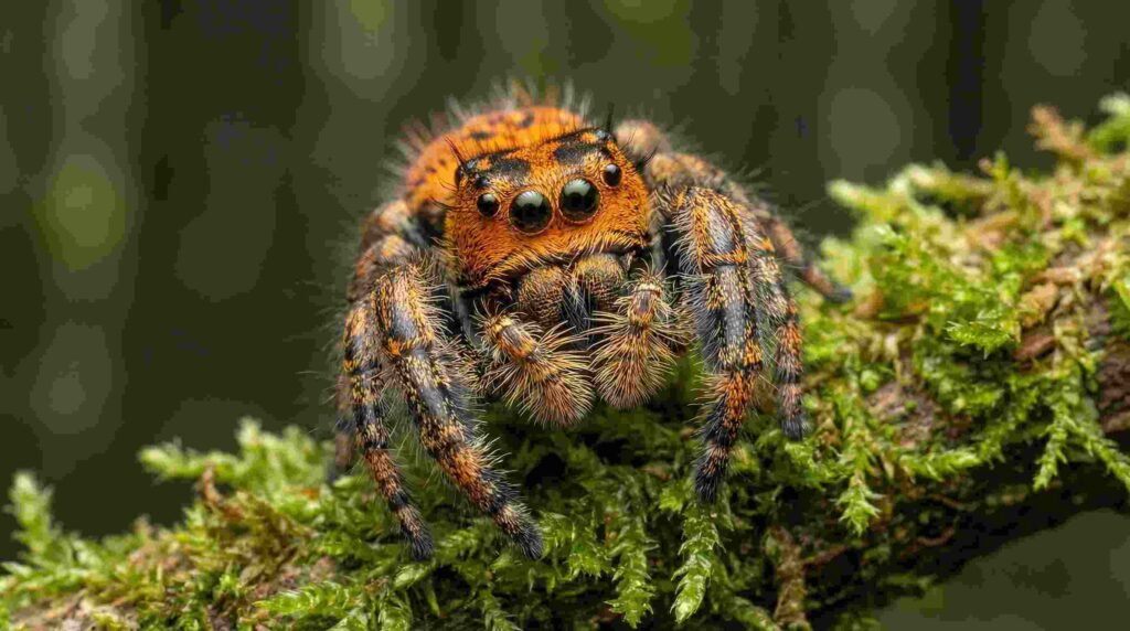 A close-up of a vibrant orange spider sitting on a moss-covered branch.
