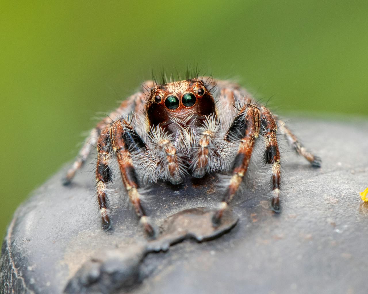 A detailed macro shot of a jumping spider on a rock with a blurred green background.