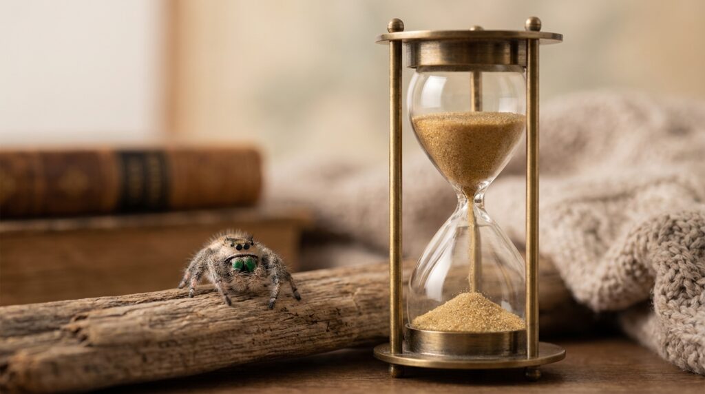 Close-up of a Phidippus Regius jumping spider, representing concerns about how long a spider can go without eating.