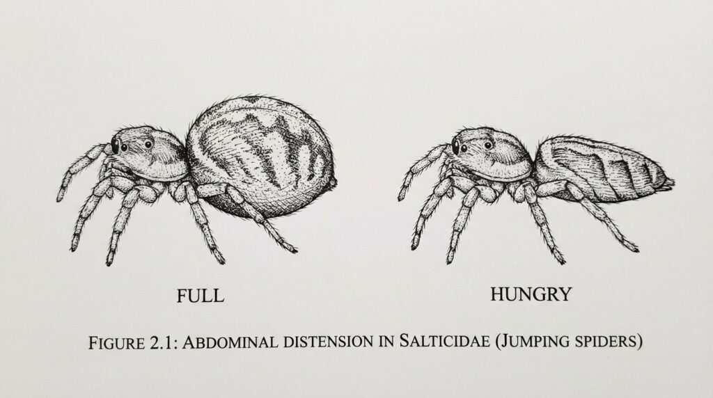 Visual guide identifying signs of a hungry spider versus a pre-molt spider based on abdomen size.Close-up of a spider showing how long can a spider go without eating