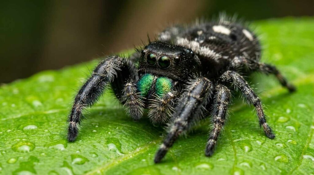 A close-up of a black and white jumping spider resting on a green leaf with water droplets.