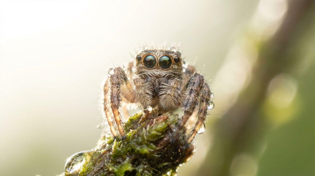 Macro view of a cute baby jumping spider (sling), the result of successful breeding jumping spiders