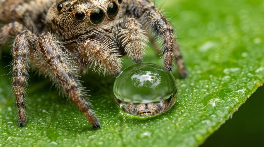 Macro photography of a jumping spider drinking water from a droplet to prevent dehydration during fasting.
Close-up of a spider showing how long can a spider go without eating