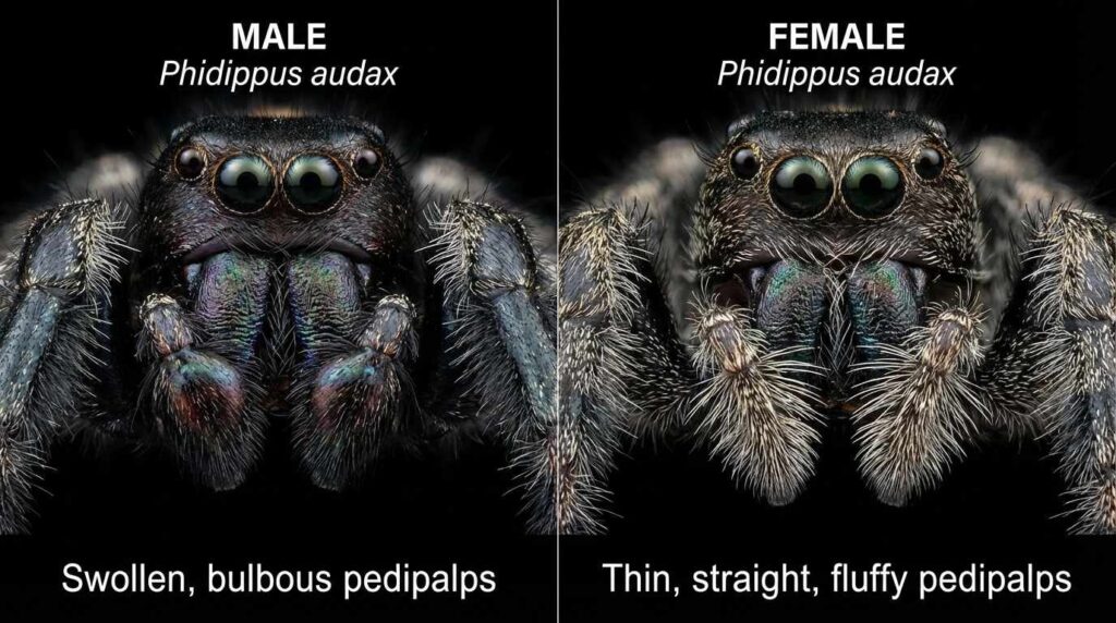 Bold Jumping Spider Male vs Female Pedipalps comparison boxing gloves vs fluffy