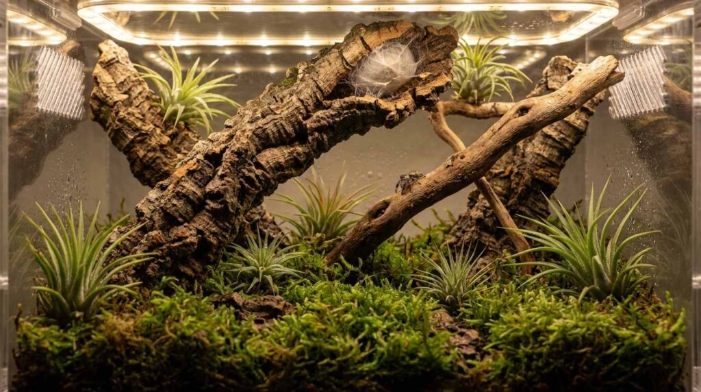 A beautifully designed terrarium featuring driftwood and various greenery, creating a vibrant miniature ecosystem.
