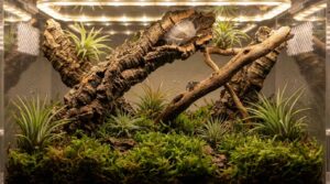 A beautifully designed terrarium featuring driftwood and various greenery, creating a vibrant miniature ecosystem.