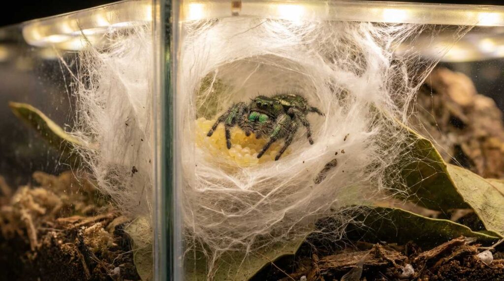 Female Phidippus audax inside silk nest guarding eggs, illustrating proper jumping spider egg sac care