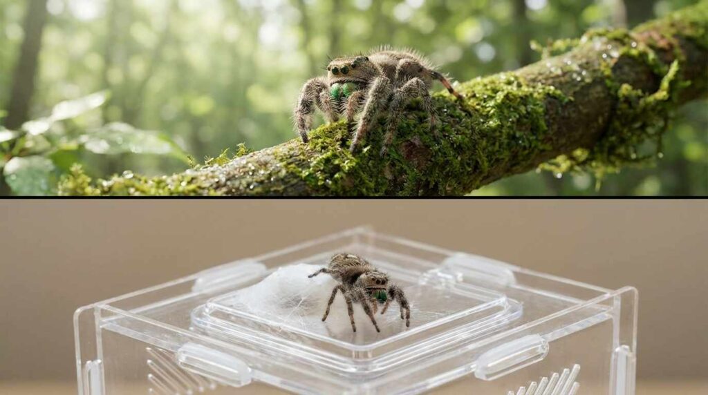 Top-opening vs front-opening enclosure comparison for jumping spiders, stressed vs healthy jumping spider