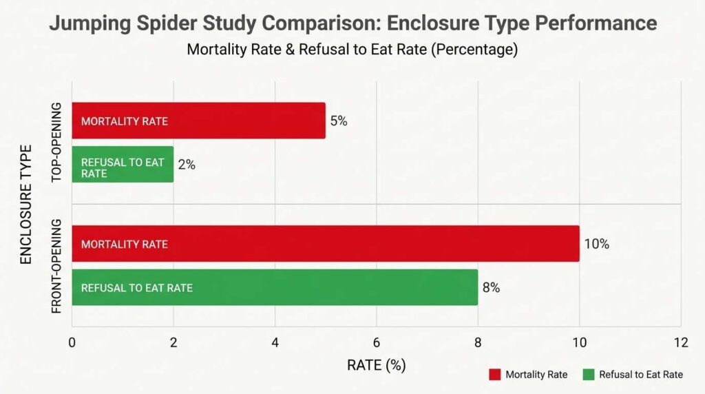 Jumping spider mortality and stress rate study: top-opening vs front-opening enclosure