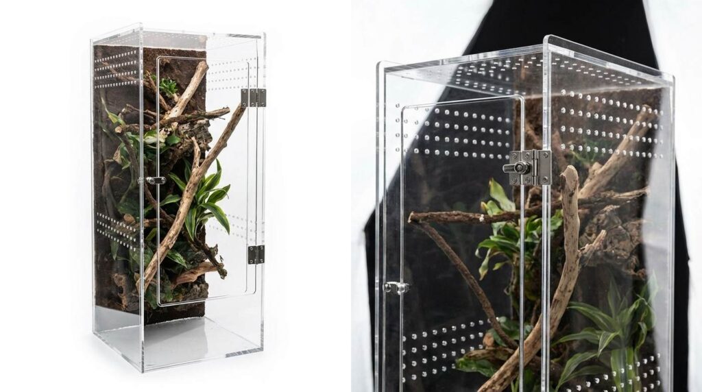 A tall, front-opening acrylic arboreal enclosure, illustrating exactly how to set up a jumping spider habitat with proper vertical space and ventilation holes.