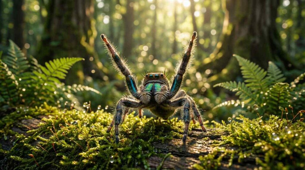 A vibrant spider displaying intricate patterns perched on a mossy log in a sunlit forest.