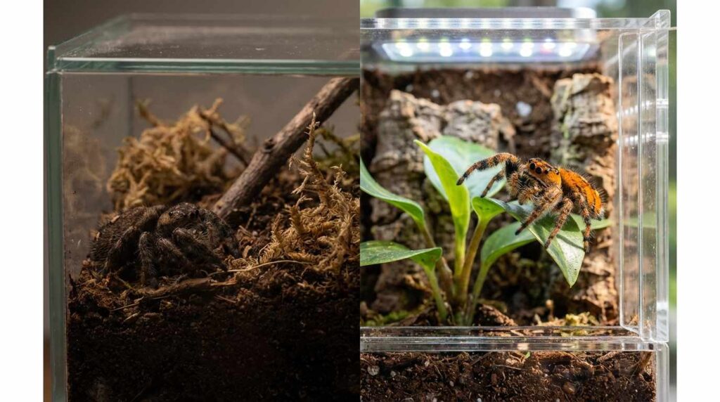 A side-by-side comparison of two glass terrariums, one with a spider habitat and the other with a plant setup.